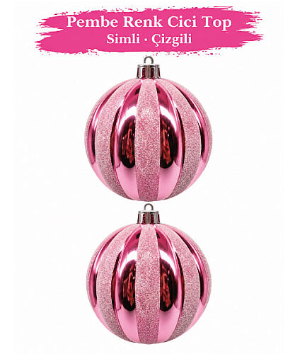 Yılbaşı Top Süs Asetatlı 10 Cm Beyaz Çizgili Simli 2 Parça Pembe - 