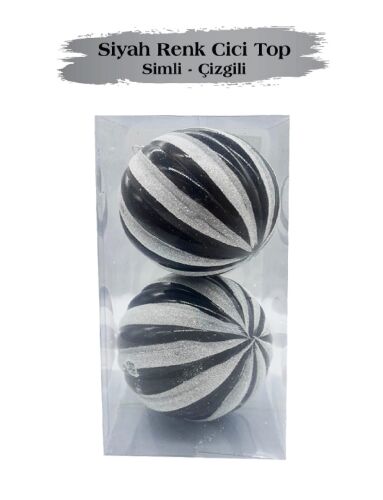 Yılbaşı Top Süs 10 Cm Beyaz Çizgili Simli 2 Parça Siyah - 3
