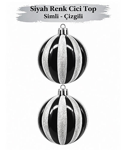 Yılbaşı Top Süs Asetatlı 10 Cm Beyaz Çizgili Simli 2 Parça Siyah - 
