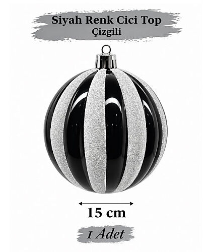 Yılbaşı Top Süs 15 Cm Beyaz Çizgili Simli Siyah - 