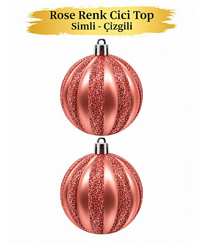 Yılbaşı Top Süs 10 Cm Çizgili Simli 2 Parça Rose Gold - 