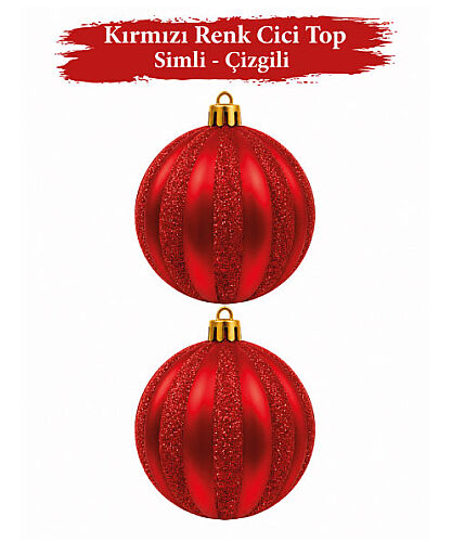 Yılbaşı Top Süs 10 Cm Çizgili Simli 2 Parça Kırmızı - 