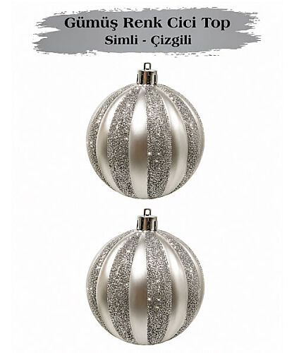 Yılbaşı Top Süs 10 Cm Çizgili Simli 2 Parça Gümüş - 