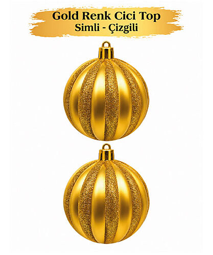 Yılbaşı Top Süs 10 Cm Çizgili Simli 2 Parça Altın - 