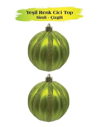 Yılbaşı Top Süs 10 Cm Çizgili Simli 2 Parça Yeşil - 