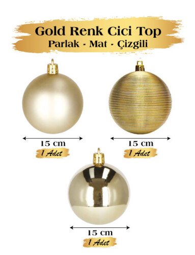 Yılbaşı Top Süs 15 Cm 3 Parça Mat Parlak Çizgili Altın - 