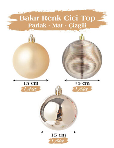 Yılbaşı Top Süs 15 Cm 3 Parça Mat Parlak Çizgili Bakır - 