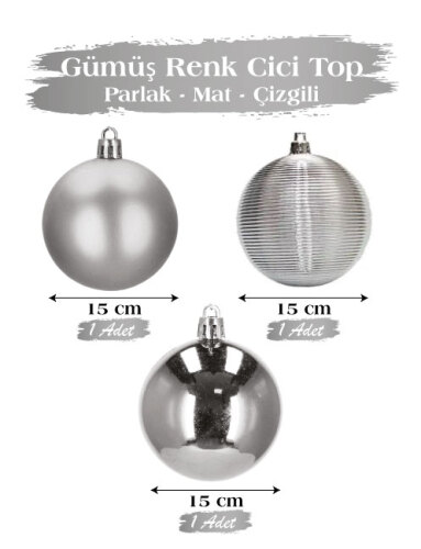 Yılbaşı Top Süs 15 Cm 3 Parça Mat Parlak Çizgili Gümüş - 