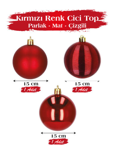Yılbaşı Top Süs 15 Cm 3 Parça Mat Parlak Çizgili Kırmızı - 