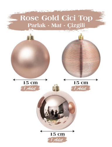 Yılbaşı Top Süs 15 Cm 3 Parça Mat Parlak Çizgili Rose Gold - 