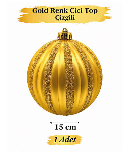 Yılbaşı Top Süs 15 Cm Çizgili Simli Altın - 