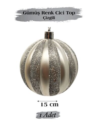 Yılbaşı Top Süs 15 Cm Çizgili Simli Gümüş - 