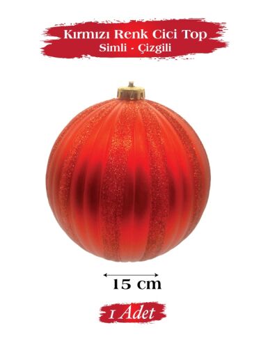 Yılbaşı Top Süs 15 Cm Çizgili Simli Kırmızı - 