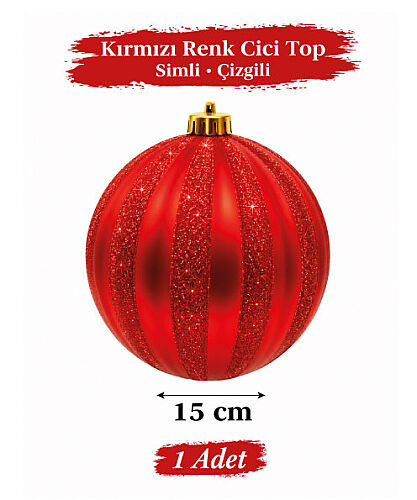 Yılbaşı Top Süs 15 Cm Çizgili Simli Kırmızı - 
