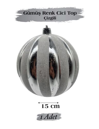 Yılbaşı Top Süs 15 Cm Beyaz Çizgili Simli Gümüş - 