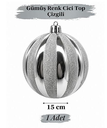 Yılbaşı Top Süs Asetatlı 15 Cm Beyaz Çizgili Simli Gümüş - 