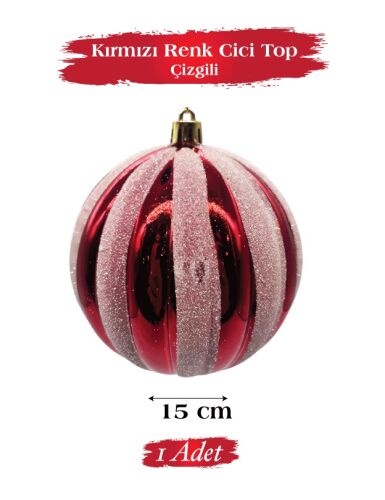 Yılbaşı Top Süs 15 Cm Beyaz Çizgili Simli Kırmızı - 