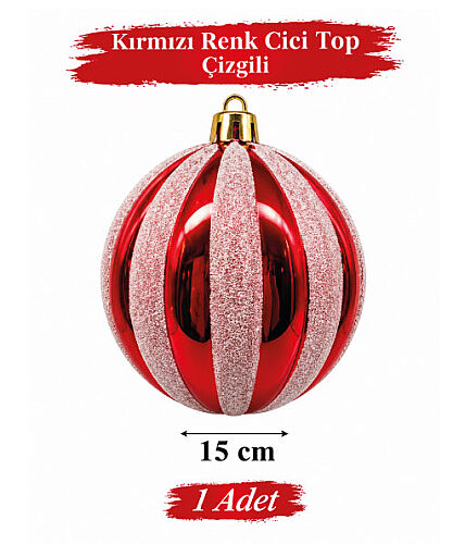 Yılbaşı Top Süs 15 Cm Beyaz Çizgili Simli Kırmızı - 