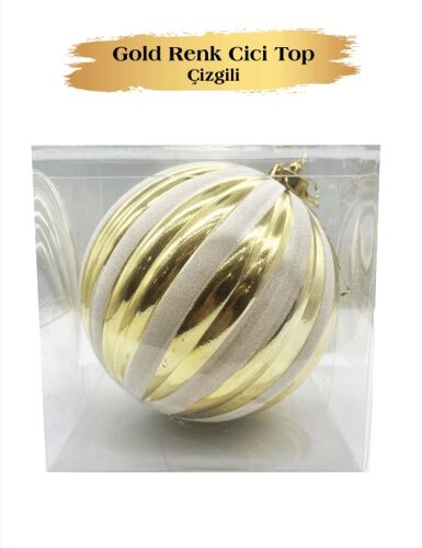 Yılbaşı Top Süs 15 Cm Beyaz Çizgili Simli Altın - 2