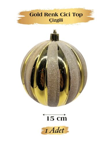Yılbaşı Top Süs 15 Cm Beyaz Çizgili Simli Altın - 