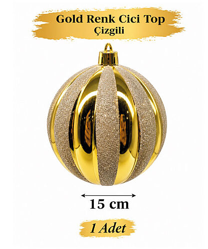 Yılbaşı Top Süs 15 Cm Beyaz Çizgili Simli Altın - 