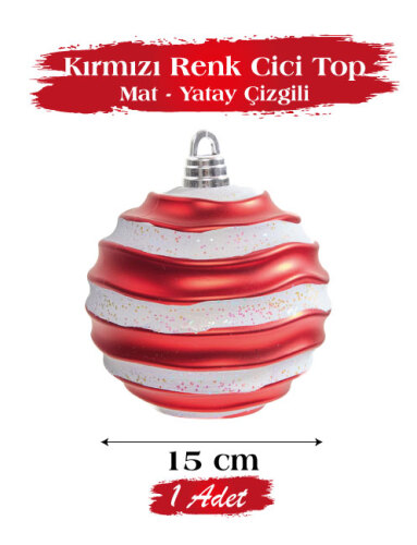 Yılbaşı Top Süs 15 Cm Beyaz Yatay Çizgili Mat Kırmızı - 