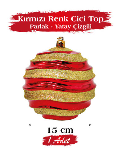 Yılbaşı Top Süs 15 Cm Beyaz Yatay Çizgili Parlak Kırmızı - 