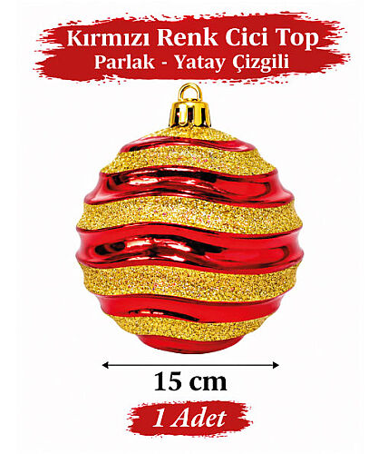 Yılbaşı Top Süs 15 Cm Yatay Çizgili Parlak Kırmızı - 