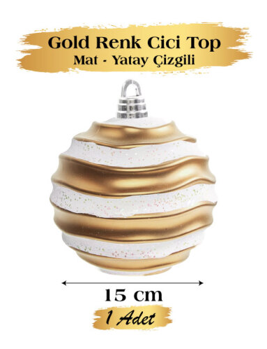 Yılbaşı Top Süs 15 Cm Beyaz Yatay Çizgili Mat Altın - 
