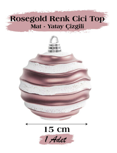Yılbaşı Top Süs 15 Cm Beyaz Yatay Çizgili Mat Rose Gold - 