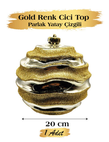 Yılbaşı Top Süs 15 Cm Beyaz Yatay Çizgili Parlak Altın - 