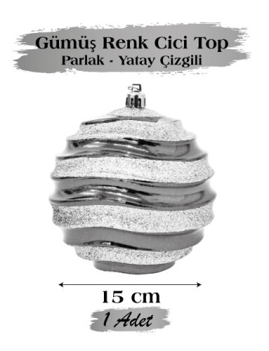 Yılbaşı Top Süs 15 Cm Beyaz Yatay Çizgili Parlak Gümüş - 