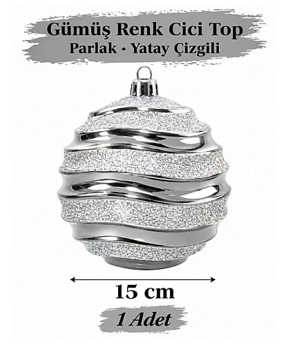 Yılbaşı Top Süs 15 Cm Yatay Çizgili Parlak Gümüş - 