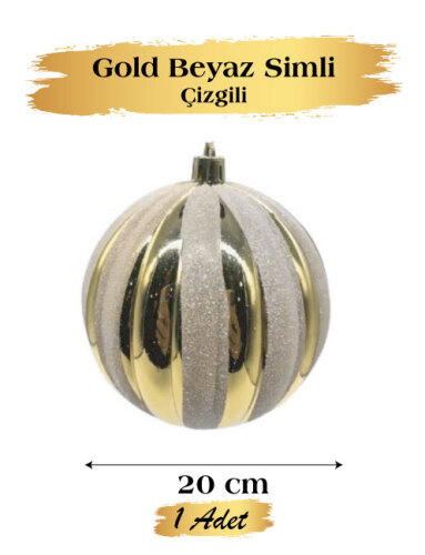 Yılbaşı Top Süs 20 Cm Beyaz Çizgili Simli Altın - 