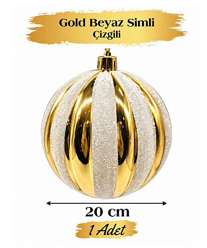 Yılbaşı Top Süs 20 Cm Beyaz Çizgili Simli Altın - 