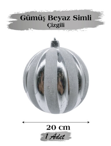 Yılbaşı Top Süs 20 Cm Beyaz Çizgili Simli Gümüş - 