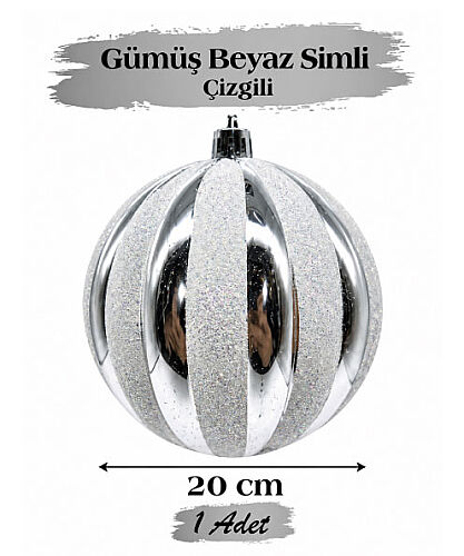 Yılbaşı Top Süs 20 Cm Beyaz Çizgili Simli Gümüş - 