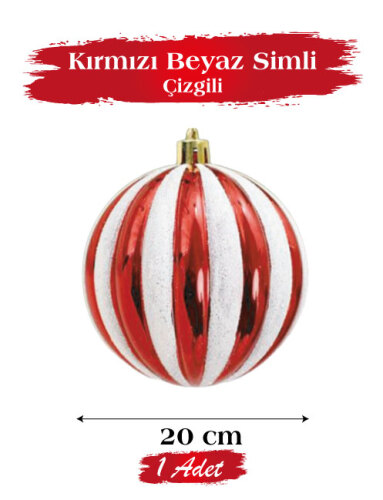 Yılbaşı Top Süs 20 Cm Beyaz Çizgili Simli Kırmızı - 