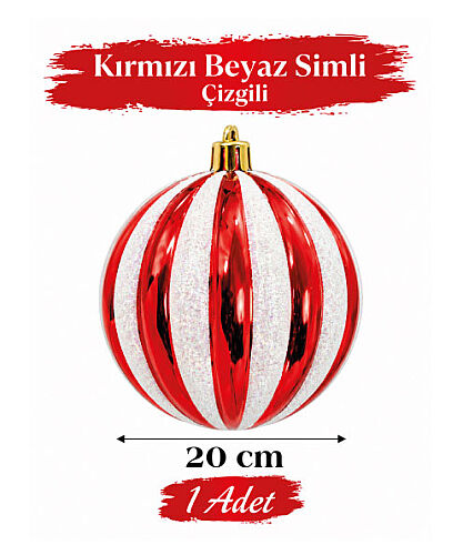 Yılbaşı Top Süs 20 Cm Beyaz Çizgili Simli Kırmızı - 