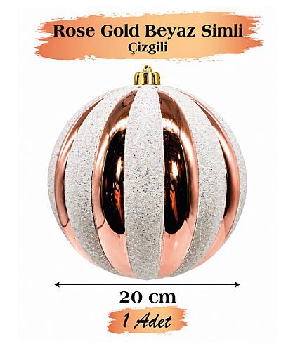 Yılbaşı Top Süs 20 Cm Beyaz Çizgili Simli Rose Gold - 
