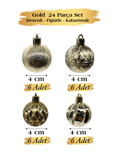 Yılbaşı Top Süs 4 Cm 24 Parça Set Desenli Altın - 
