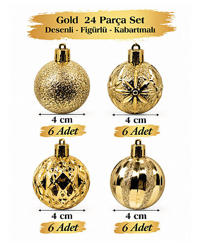 Yılbaşı Top Süs 4 Cm 24 Parça Set Desenli Altın - 