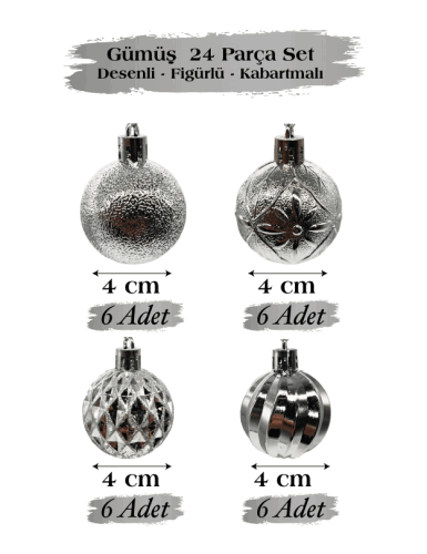 Yılbaşı Top Süs 4 Cm 24 Parça Set Desenli Gümüş - 