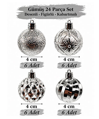 Yılbaşı Top Süs 4 Cm 24 Parça Set Desenli Gümüş - 