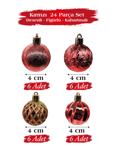 Yılbaşı Top Süs 4 Cm 24 Parça Set Desenli Kırmızı - 
