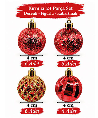 Yılbaşı Top Süs 4 Cm 24 Parça Set Desenli Kırmızı - 