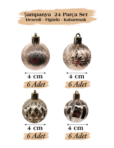 Yılbaşı Top Süs 4 Cm 24 Parça Set Desenli Şampanya - 