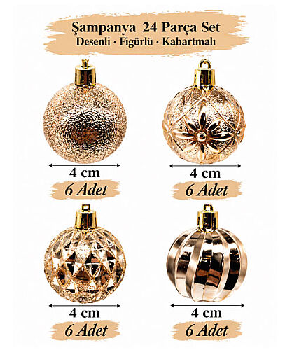 Yılbaşı Top Süs 4 Cm 24 Parça Set Desenli Şampanya - 