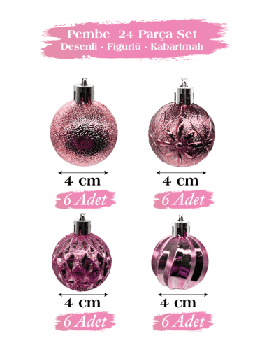 Yılbaşı Top Süs 4 Cm 24 Parça Set Desenli Pembe - 