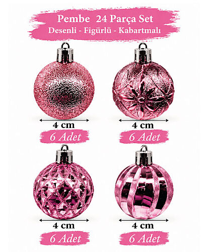 Yılbaşı Top Süs 4 Cm 24 Parça Set Desenli Pembe - 